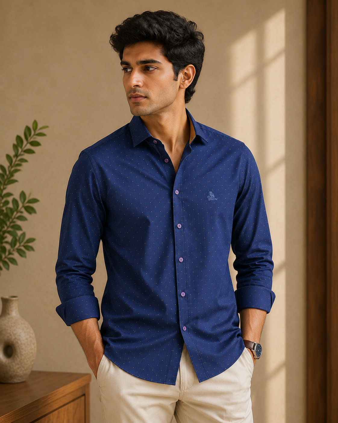 Daukay Royal Blue Antique Gold Micro Print Shirt